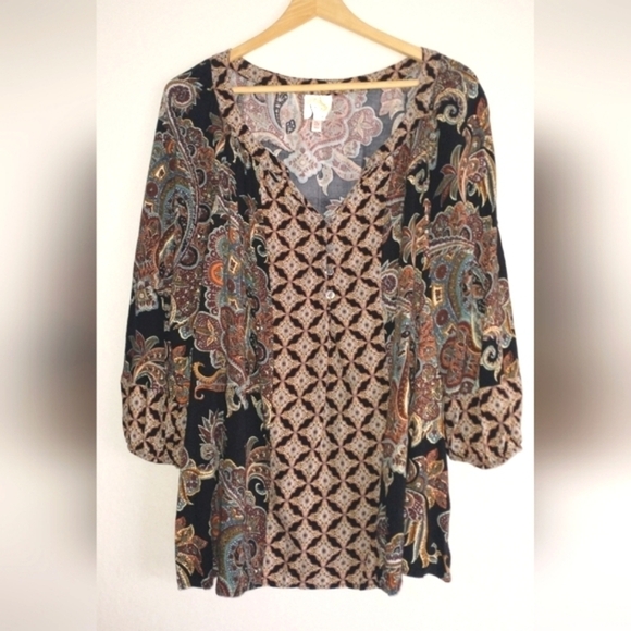 Anthropologie Paisley Blouse - Black and Brown Size 1X Plus Size Boho - Picture 1 of 5